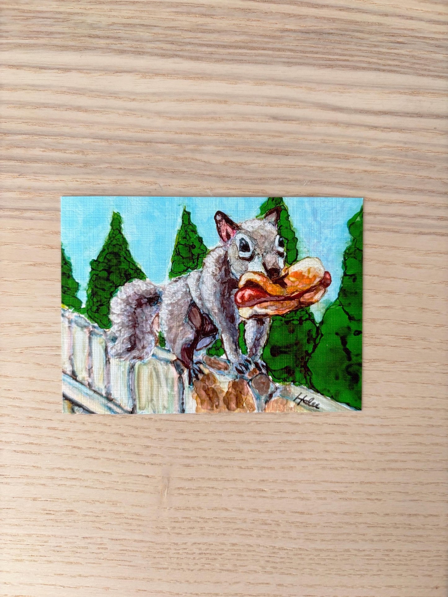 Squirrel with a Hot Dog Mini Painting with Handmade Easel Display | Squirrel Art | Hot Dog Art | Small Desk Decor