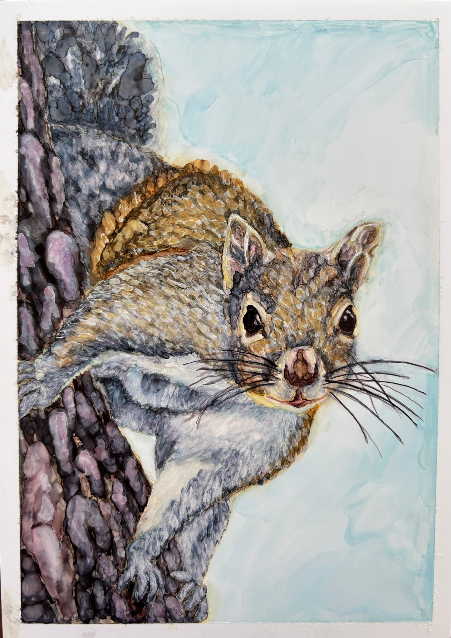 Painting of a squirrel on a tree trunk with a light blue background