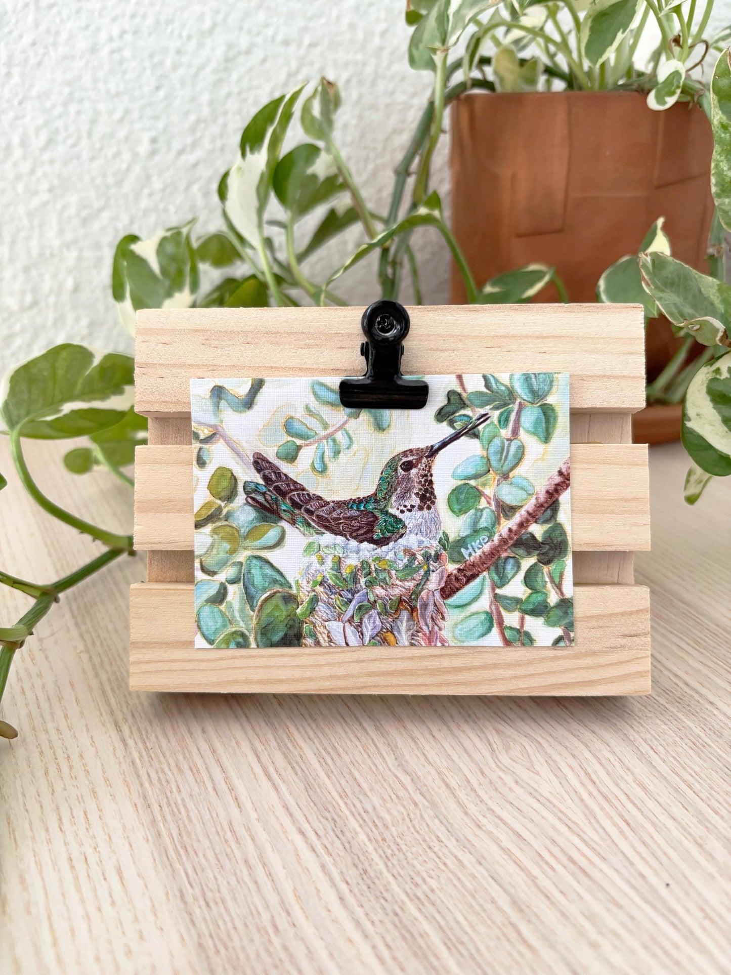 Hummingbird Nest Mini Painting with Handmade Easel Display | Hummingbird Art | Cozy Nature Art | Small Desk Decor
