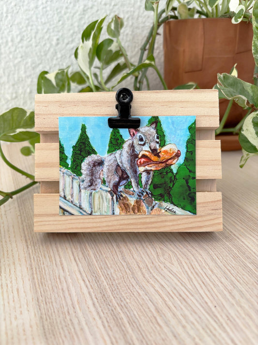Squirrel with a Hot Dog Mini Painting with Handmade Easel Display | Squirrel Art | Hot Dog Art | Small Desk Decor